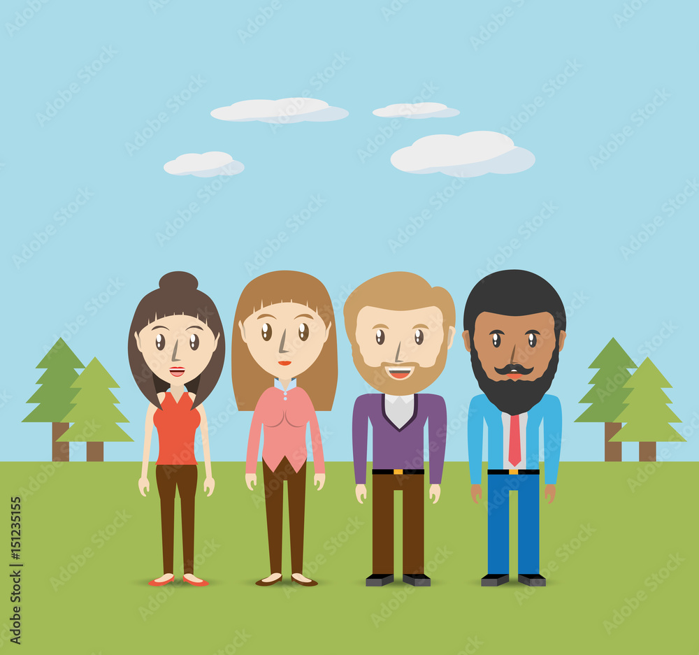 set avatars men and women of different diversity over beautiful landscape, vector illustration