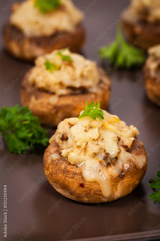 Stuffed Mushrooms with Breadcrumbs and Cheese. Selective focus. Stuffed Mushrooms with Breadcrumbs and Cheese. Selective focus.