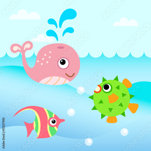 Water world  whale  fish and hedgehog fish.