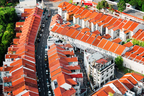 Photography Top view of tile roofs of old townhouses in Singapore