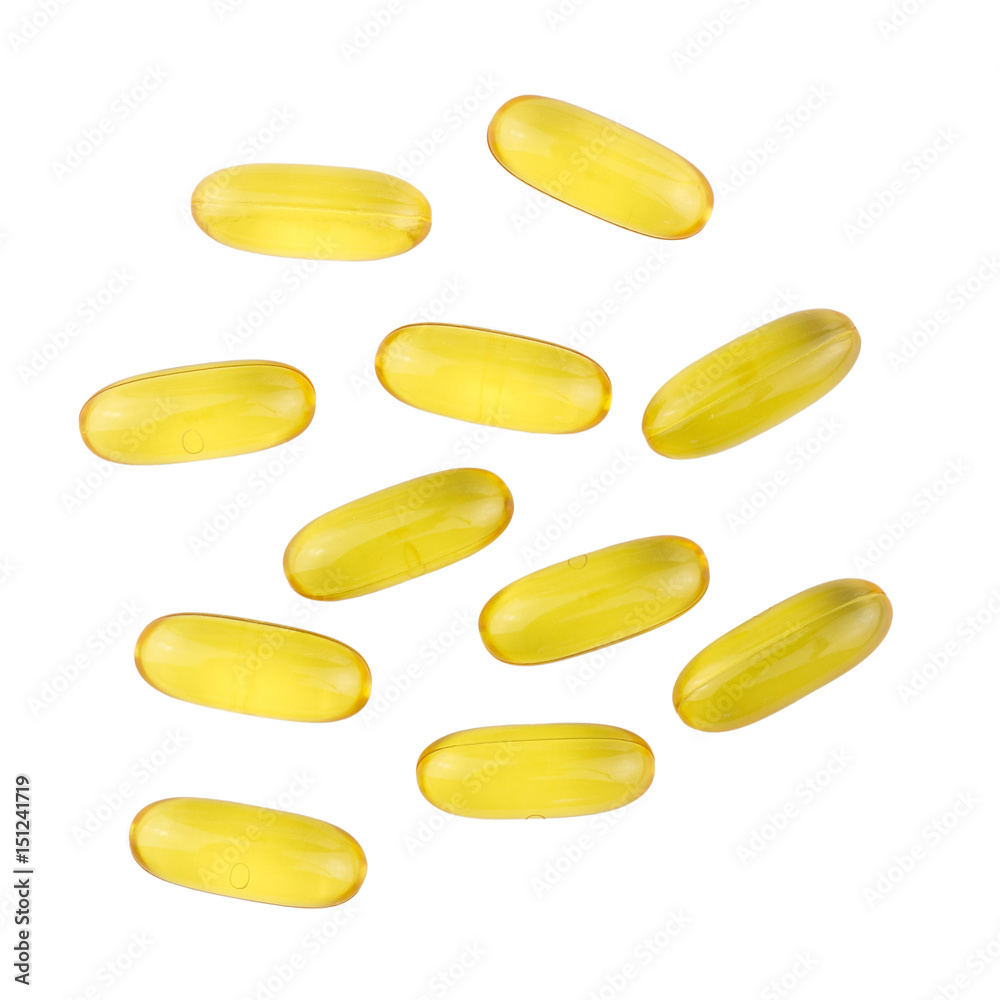 Yellow capsules omega 3, fatty acid, fish oil isolated on white background, top view Yellow capsules omega 3, fatty acid, fish oil isolated on white background, top view