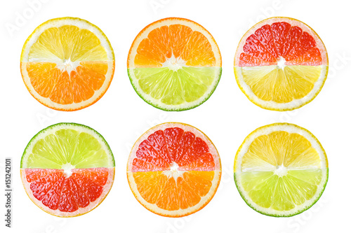 Citrus fruit. Collage of orange, lemon, lime, grapefruit. Mix slices isolated on white.