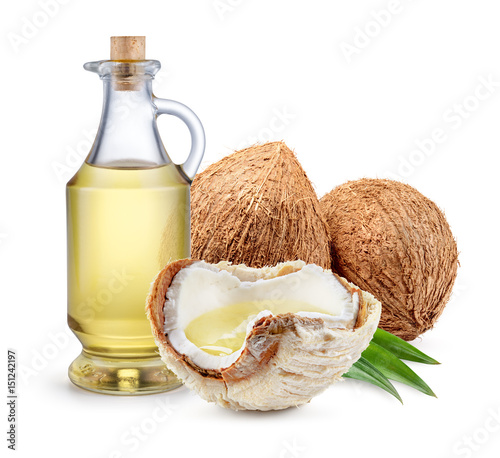 Coconut. Fresh young nuts with oil isolated on white background. Full depth of field.