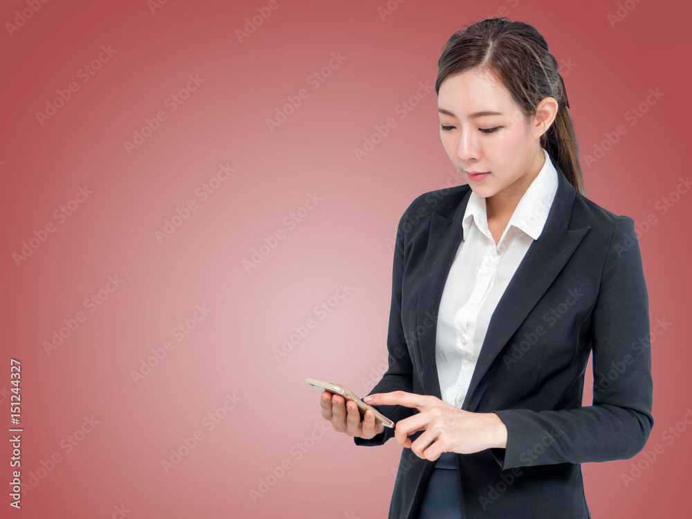 Young business woman using smartphone for e-commerce or online business banking. Young business woman using smartphone for e-commerce or online business banking.