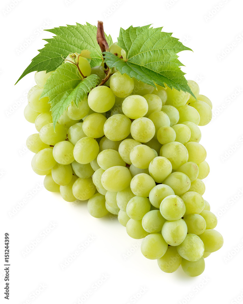 Obraz premium Green grape. Bunch of fresh berries with leaves isolated on white. With clipping path. Full depth of field.