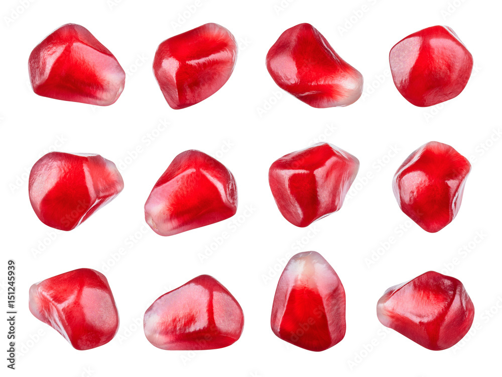 Pomegranate. Fresh raw seeds of fruit isolated on white background. Collection. Macro. With clipping path. Full depth of field. Pomegranate. Fresh raw seeds of fruit isolated on white background. Collection. Macro. With clipping path. Full depth of field.
