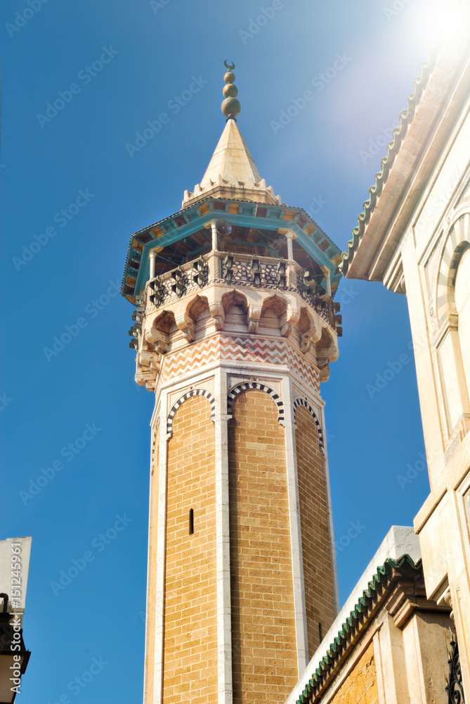 Minaret and the mosque Hammouda Pacha n the Medina of the city of Tunis, in Tunisia, Africa