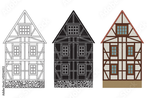 Old german house with wooden beams. Hand drawing