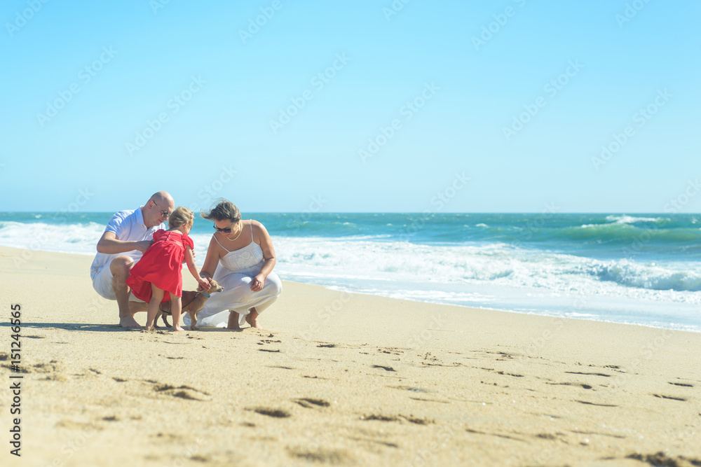 Family with child and dog on the beach Family with child and dog on the beach