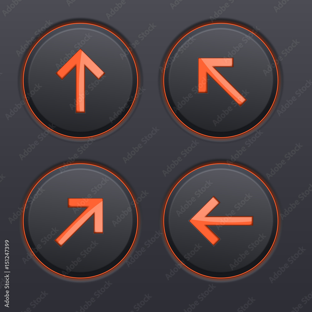 Set of black buttons with orange direction arrows Set of black buttons with orange direction arrows