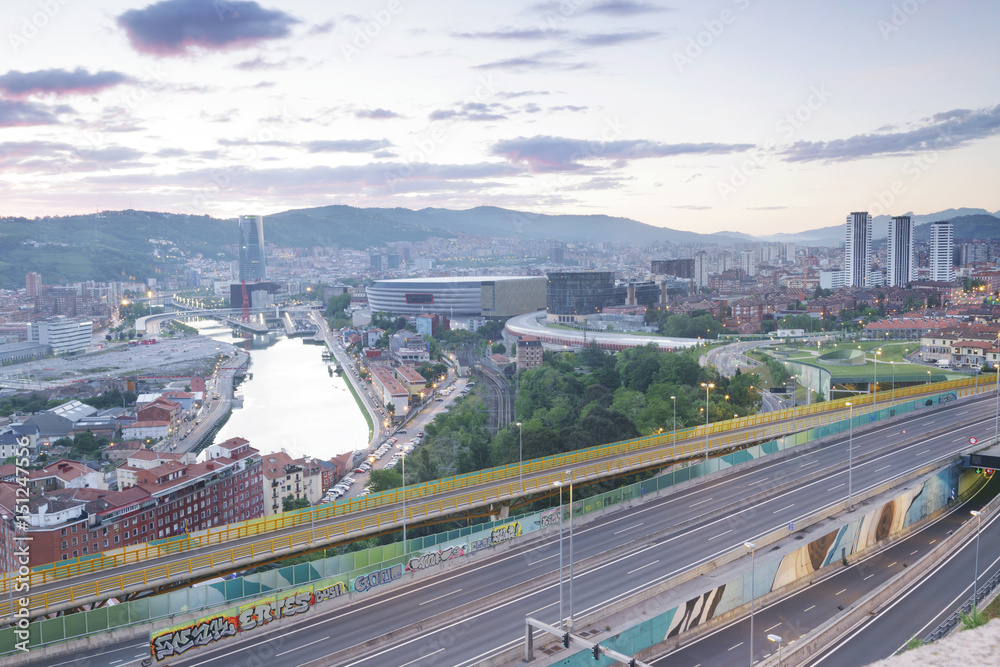 Panoramic view at sunrise of Bilbao city, Basque Country, Spain.