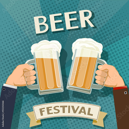Two man holds in his hands a mugs of beer.