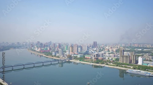 Panoramic view of Pyongyang and the Taedong river in the morning.  DPRK - North Korea. May 02, 2017. UHD - 4K