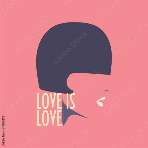 Vector minimalist illustration for LGBTQ community: human silhouette with LGBT slogan "Love is Love".
