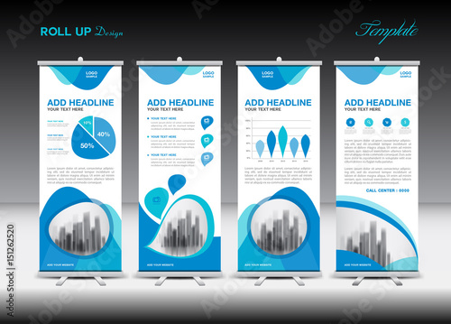 Blue Roll Up Banner template and infographics, stand design, advertisement, pull up, vector illustration