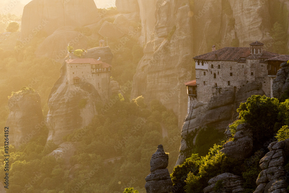 Sunset view of the Meteora area and it's monastery in Greece