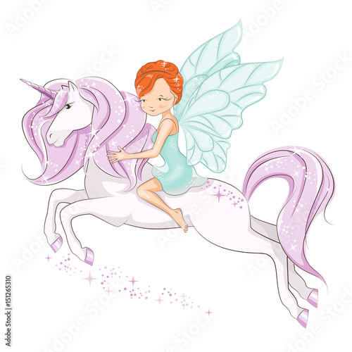 The beautiful little fairy. The little fairy sitting on the magical unicorn. She has red hair. She is in a gentle, air dress.  Hand drawn illustration isolated on white background.