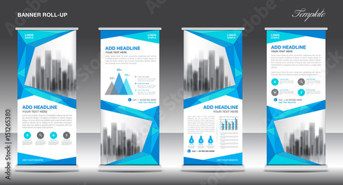 Roll up banner stand template design, Blue banner layout, advertisement, pull up, polygon background