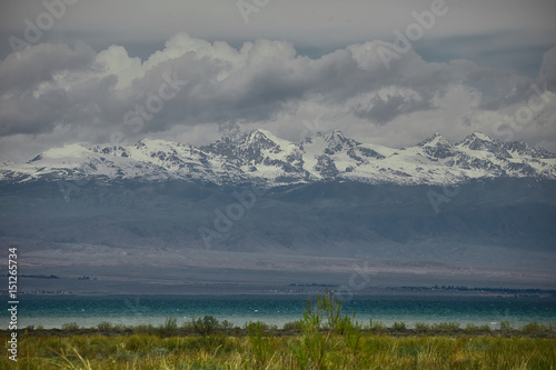 Mountain tops and Issykkul lake in Kyrgyzstan