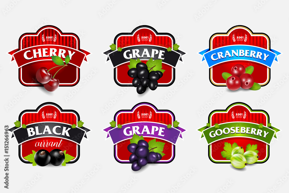 Organic berries labels collection with gooseberry grape cranberry black currant cherry for package design isolated vector illustration Organic berries labels collection with gooseberry grape cranberry black currant cherry for package design isolated vector illustration
