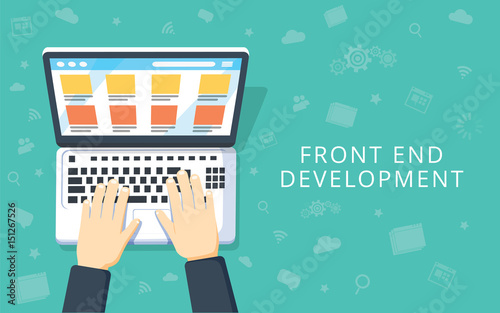 Front End Development, web application, website creating concept. Developer working at a laptop. Flat style and doodle icons in background, top view.