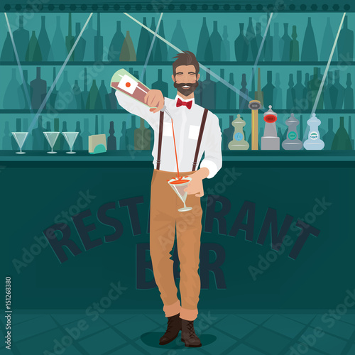 Cheerful and mustachioed bartender hipster with suspenders and red bow tie is in the center of the bar and pours drink from the bottle into the glass. Master class