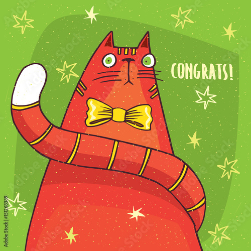 Funny red cat with big tail and an yellow bow on its neck sits in full face and looks ahead in surprise. Inscription with a congratulation. Hand drawn in comic style