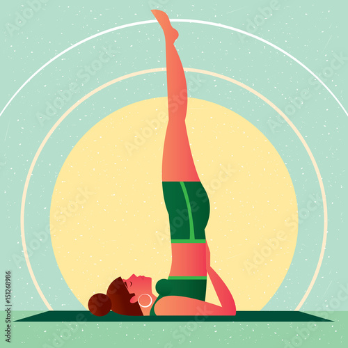 Sporty girl lies in the Shoulderstand Pose or Sarvangasana, against the background of the sun, in flat cartoon style. Yoga or Pilates concept. Side view