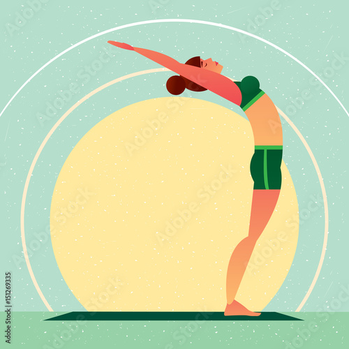 Sporty girl standing in the Upward Tree Pose or Urdhva Vrikshasana, against the background of the sun, in flat cartoon style. Yoga or Pilates concept. Side view