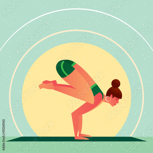 Sporty girl standing in the Crane Pose or Bakasana, against the background of the sun, in flat cartoon style. Yoga or Pilates concept. Side view