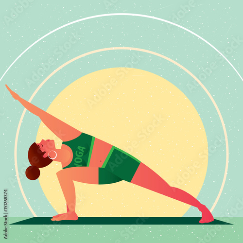 Sporty girl standing in the Extended Side Angle Pose or Utthita Parsvakonasana, in flat cartoon style. Yoga or Pilates concept. Side view