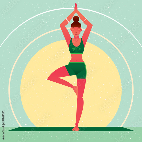 Sporty girl standing in the Tree Pose or Vrikshasana, against the background of the sun, in flat cartoon style. Yoga or Pilates concept. Front view