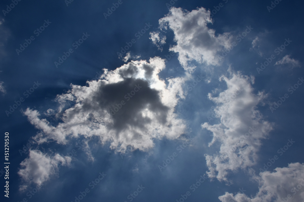 Obraz premium 幻想風景・青空と雲に隠れた太陽「空想・雲のモンスター(現れ始めた黒いモンスターに向かって、口を大きくあけて威嚇するモンスターたち(右側)のイメージ」威嚇、脅威、可能性、出現、何かが始まる予感など・周辺にキャッチコピー(案「始まりはいつも突然!」「何かが始まる予感!」「負けない力」など)