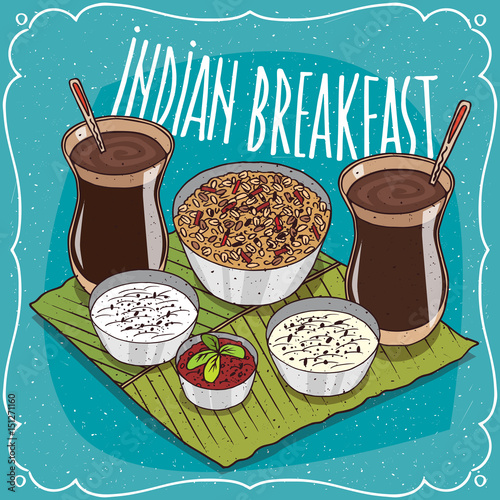Traditional breakfast for two persons, food of Indian cuisine, muesli or oatmeal with spicy sauce and curd cheese and masala chai tea. Hand drawn comic style