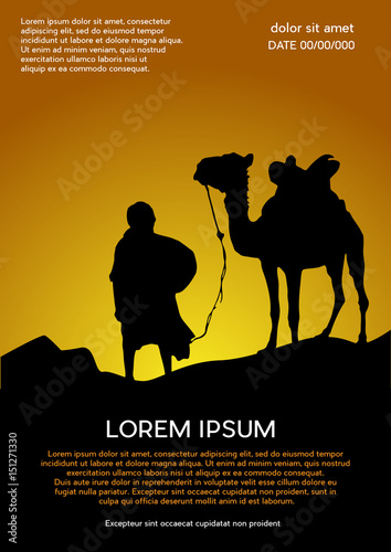 caravan in the desert, sunset background. Vector poster camel and bedouin in the Sahara