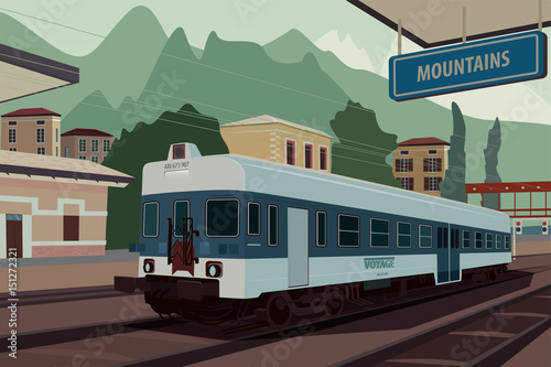 Scenic area with old retro train at railway station of European village. In the background the natural mountain landscape view. Realistic flat style