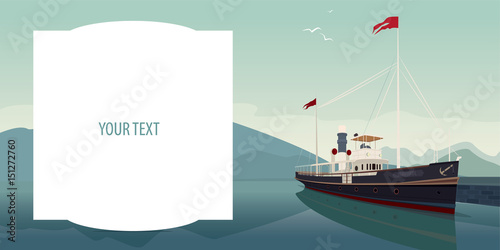 Template with big text field. Picturesque area with old pleasure boat in style of retro steamer, at pier, on clear day. Realistic flat style
