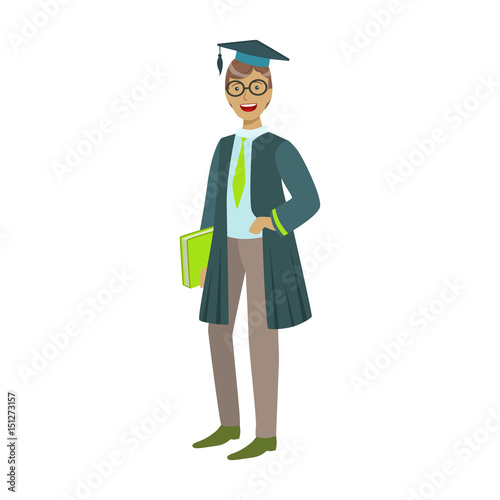 Cheerful graduate guy student in mantle with green book. Colorful cartoon illustration