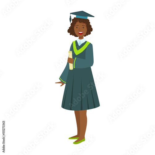 Young girl in student mantle holding diploma. Colorful cartoon illustration