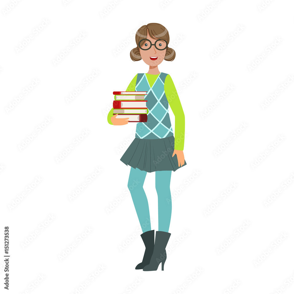 Smiling young student girl holding stack of books. Colorful cartoon illustration Smiling young student girl holding stack of books. Colorful cartoon illustration