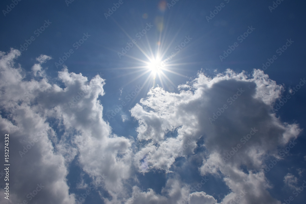 眩しい太陽と青空と雲「空想・雲のモンスター（雲の上部にたくさんのモンスター）」紫外線などのイメージ