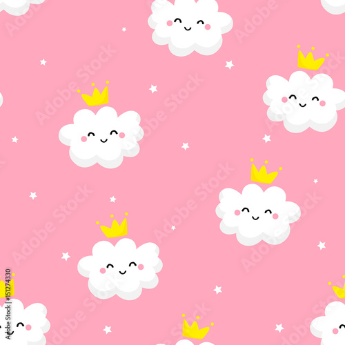 Seamless pattern with cute clouds princess and stars on pink background. Ornament for children's textiles and wrapping. Flat style. Vector.