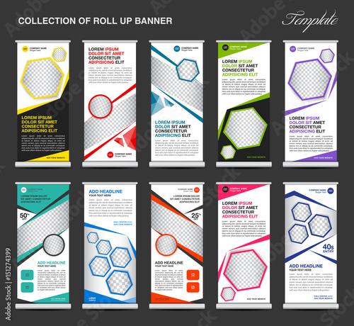 Collection of colorful Roll Up Banner stand template set, business flyer, advertisement
