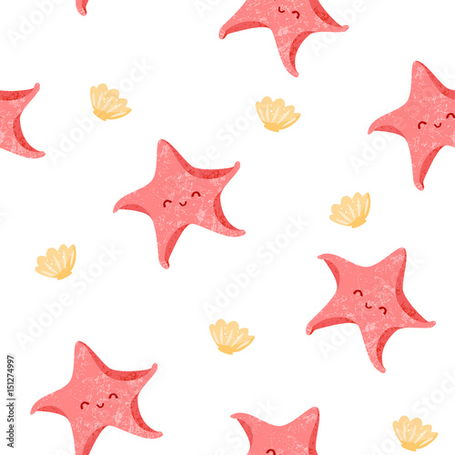 Sea pattern with cute starfish and shells. Flat style. Ornament for textile and wrapping. Vector.