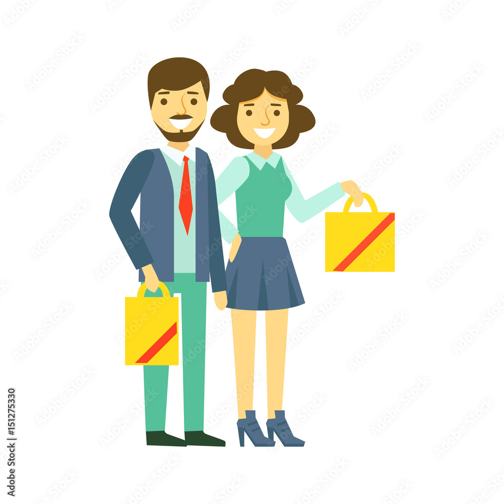 Happy family couple with shopping bags. Family shopping colorful character vector Illustration Happy family couple with shopping bags. Family shopping colorful character vector Illustration