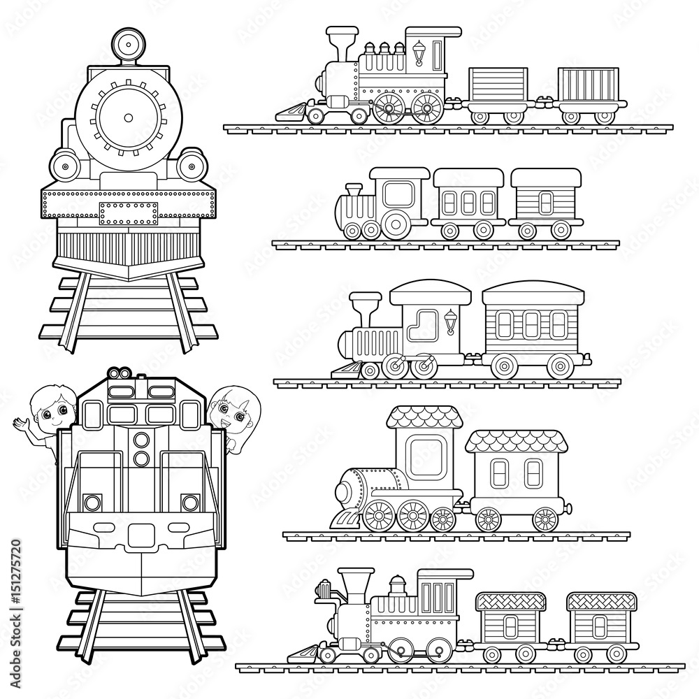 set of Train cartoon , train travel with kids and friend coloring page for toddler vector
