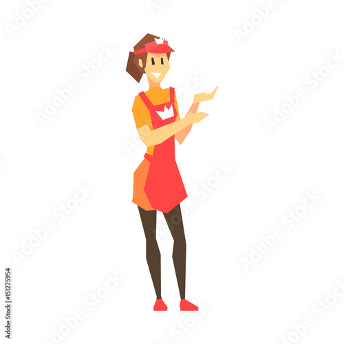 Shop assistant or seller in red uniform. Supermarket personnel colorful character vector Illustration