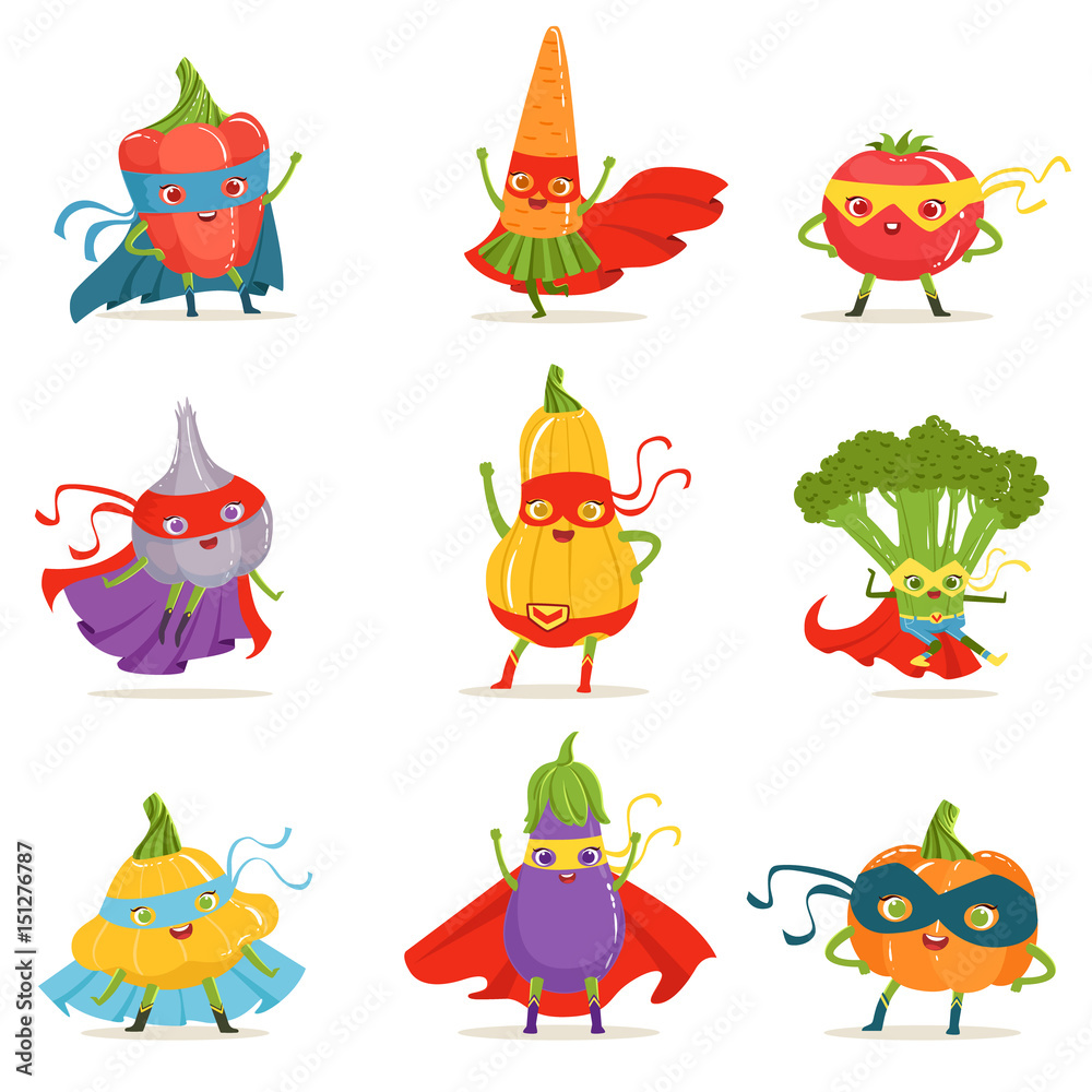 Superhero Vegetables In Masks And Capes Set Of Cute Childish Cartoon ...