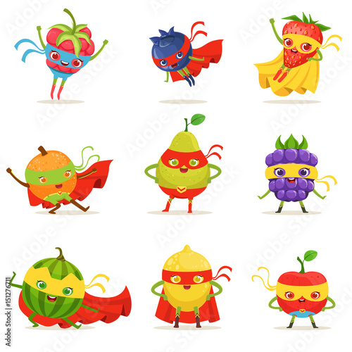 Superhero Fruits In Masks And Capes Set Of Cute Childish Cartoon Humanized Characters In Costumes