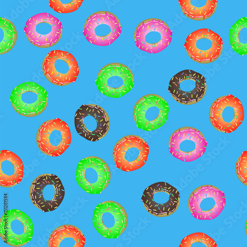 Colorful Fresh Sweet Donuts Seamless Pattern on Blue Background. Delicios Tasty Glazed Donut. Cream Yummy Cookie.
